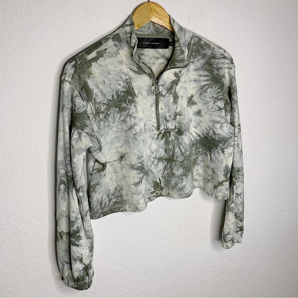Code x Mode Green & White Tie-Dye Print Half Zip Crop Sweatshirt Size Small